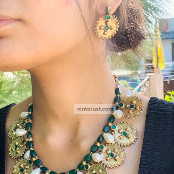 Pearls and Beads Jewelry Set, Handmade Coins Jewelry Set With Glass Stones, - Picture 2 of 12